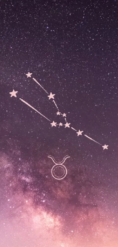 Taurus constellation art on starry purple night sky.