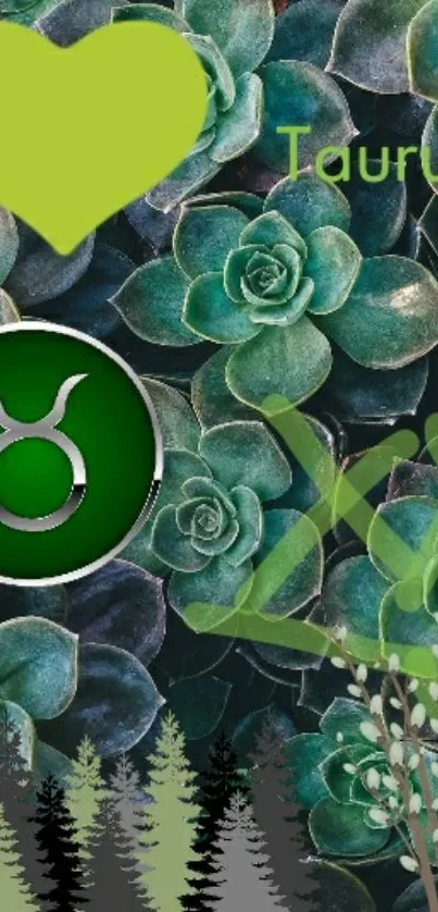 Taurus zodiac green succulent wallpaper with astrology symbols.