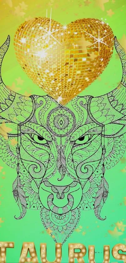 Taurus zodiac design with green background and golden heart.