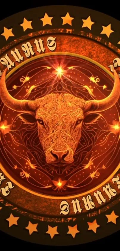 Taurus zodiac bull with orange celestial pattern on black background.