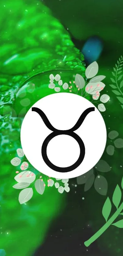 Taurus zodiac symbol on a green leafy background.