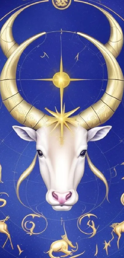 Mystical Taurus zodiac wallpaper with celestial symbols on a deep blue background.