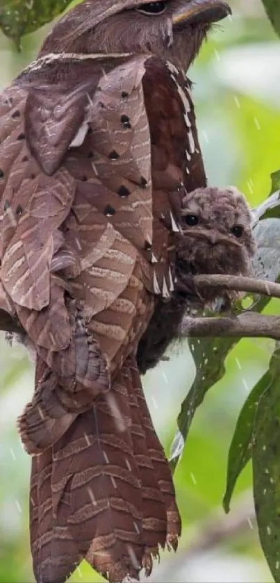 Tawny Frogmouth bird with chick perched on a tree branch, camouflaged perfectly in nature.