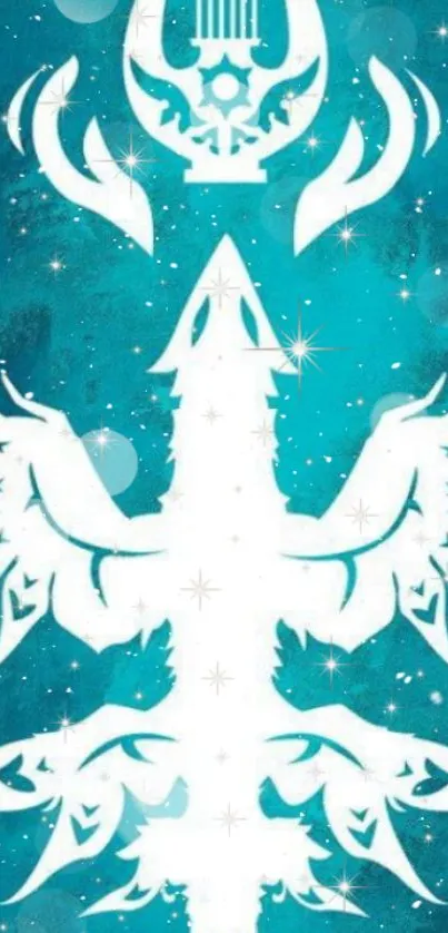 Teal wallpaper with white mystical symbol and starry accents.