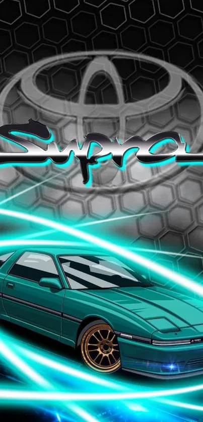 Teal sports car with neon accents on a futuristic background.