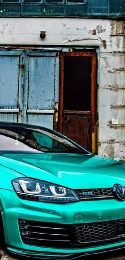 Teal car in front of urban building, capturing a sleek city vibe.