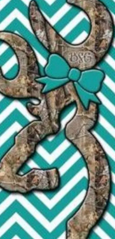 Camouflage deer with teal bow on chevron background.