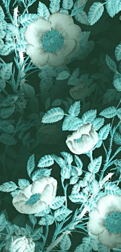 Teal floral wallpaper with intricate blossoms.