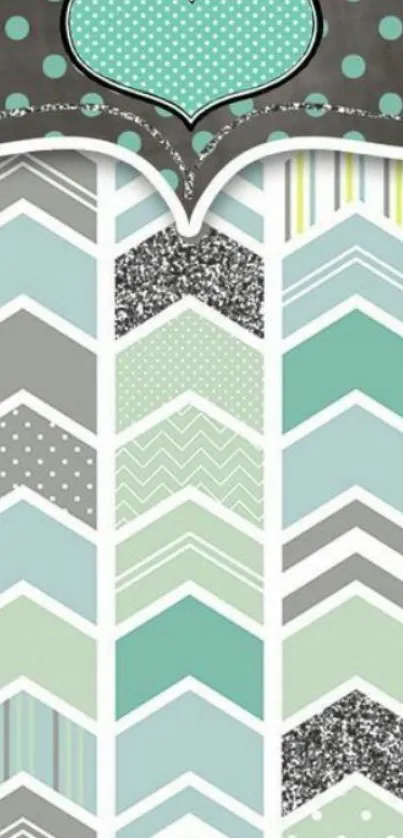 Teal heart and chevron mobile wallpaper with polka dots.