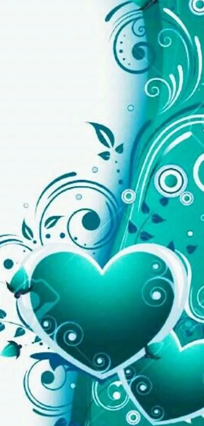 Teal heart with swirls and floral designs on a mobile wallpaper.