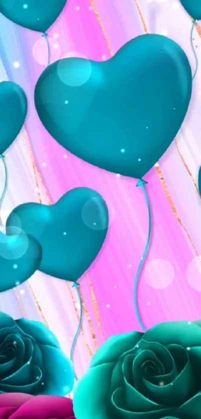 Teal heart balloons with roses on pastel background.