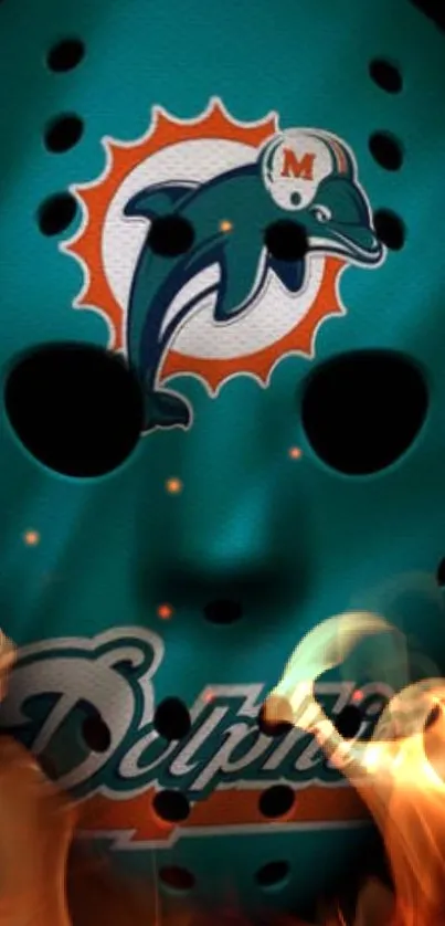 Fiery teal sports mask with team logo.