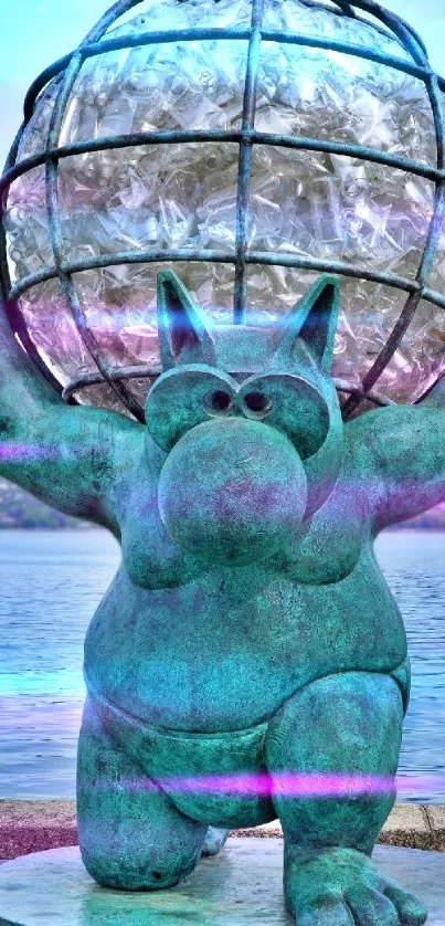 Teal statue holding a globe by a lake, artistic mobile wallpaper.