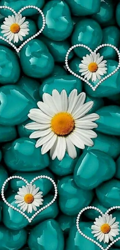 Daisies in heart shapes on teal stones wallpaper.