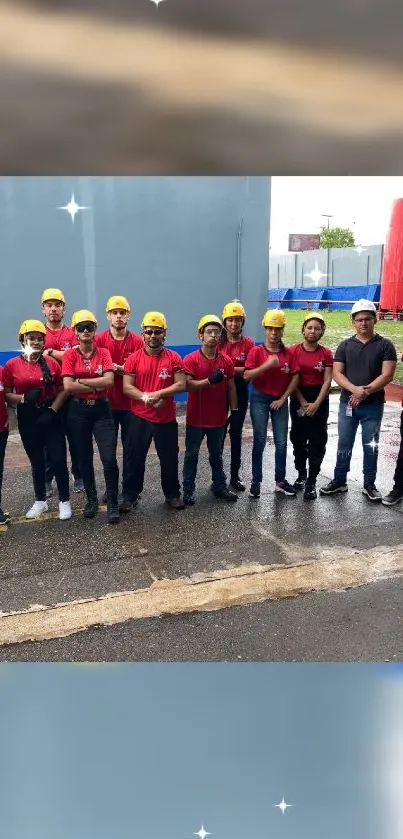 Group of workers in helmets and red shirts at construction site.