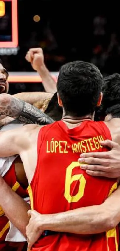 A basketball team celebrates a thrilling victory on the court.