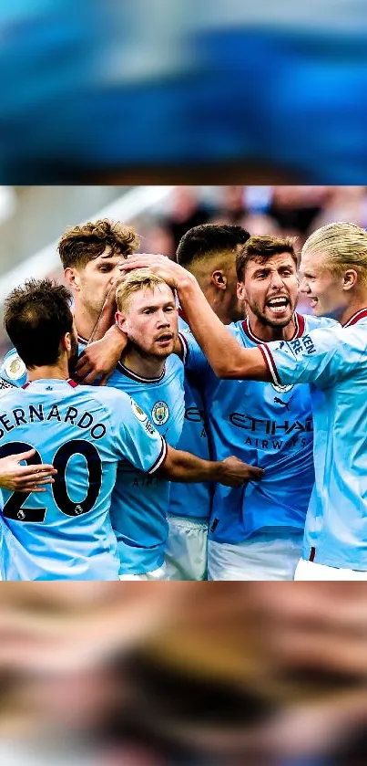 Dynamic soccer team celebrating a goal, capturing vibrant energy.