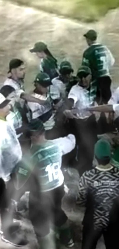 Athletes in green jerseys huddle together, showing team unity.