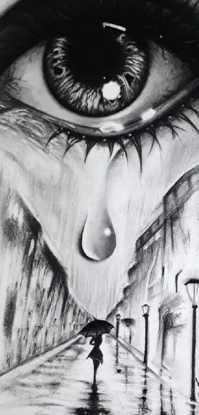 Tearful eye and rainy street monochrome wallpaper with dramatic artistic elements.