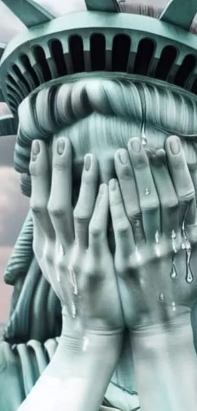 Statue of Liberty depicted with tears, symbolizing emotion and freedom.