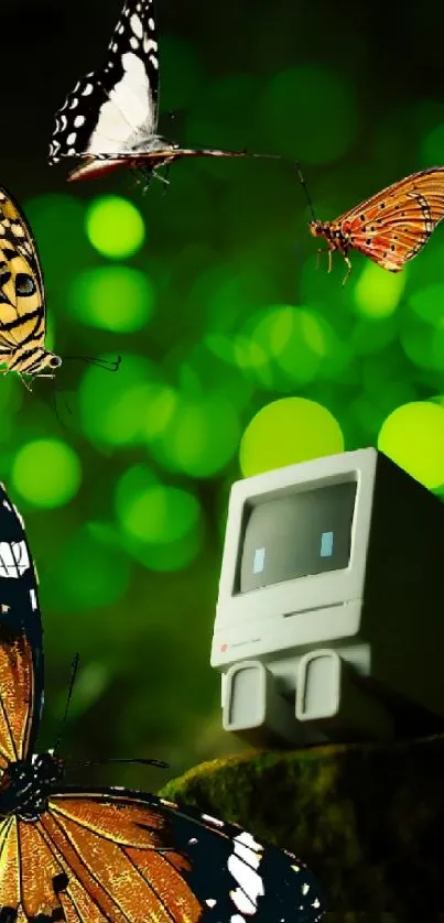 Butterflies surround retro computer in green forest.