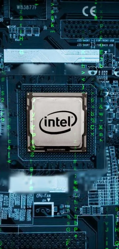 Intel circuit board wallpaper with vibrant blue hues.