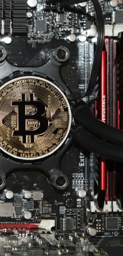 Bitcoin emblem on circuit board with red accents and microchip details.