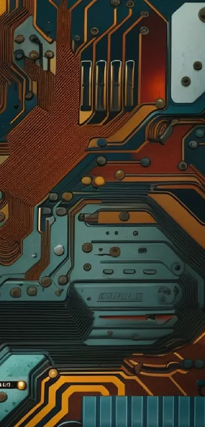 Futuristic circuit board wallpaper with vibrant orange and teal hues.