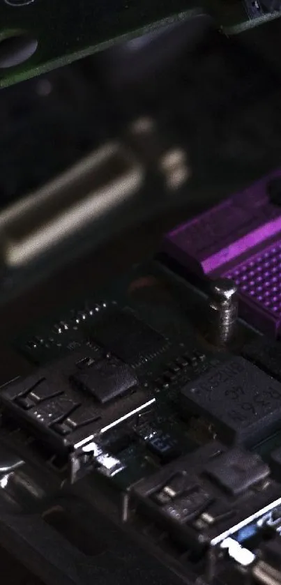 Close-up of circuit board with purple tones and electronic components.