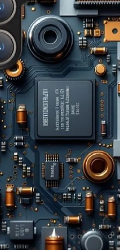 Close-up of a detailed circuit board design with blue and copper elements.