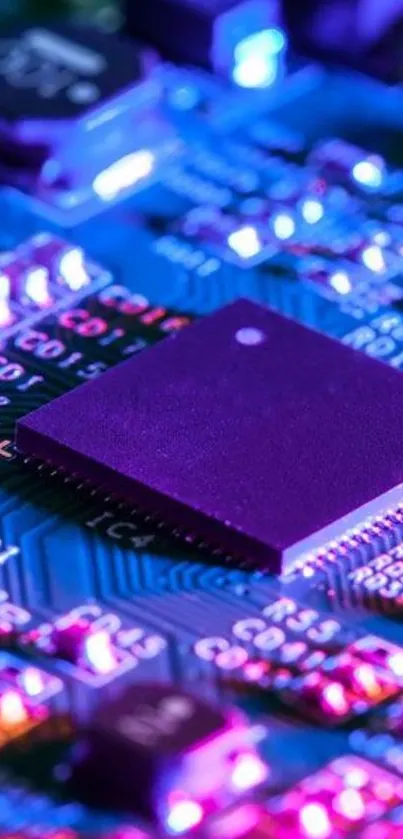 Close-up of a colorful circuit board with neon lights.