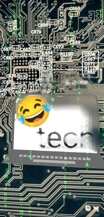 Tech circuit board with emoji wallpaper design.