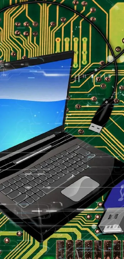 Laptop and USB on tech circuit board mobile wallpaper.