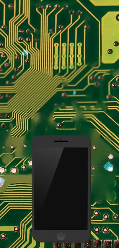 Green circuit board wallpaper with phone.