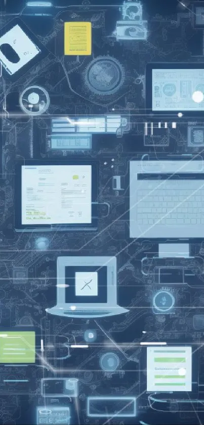 Futuristic digital circuitry wallpaper with interconnected devices.