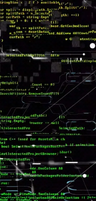Black wallpaper with glowing green code and geometric lines.