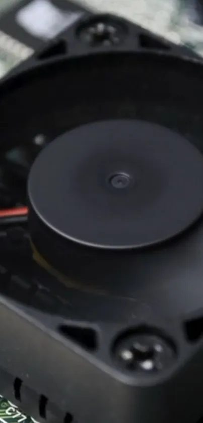 Close-up of a black cooling fan on electronic circuit board.