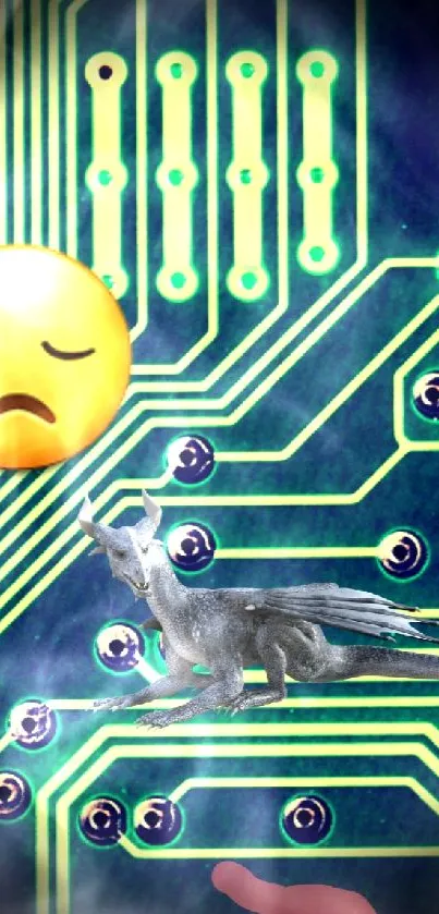 Dinosaur on a circuit board with emoji design.