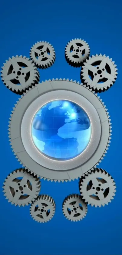 Blue globe with gears, technology themed wallpaper.