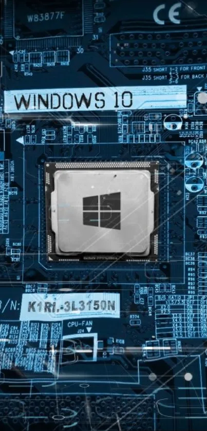 Dark blue Windows 10 circuit board wallpaper with processor.