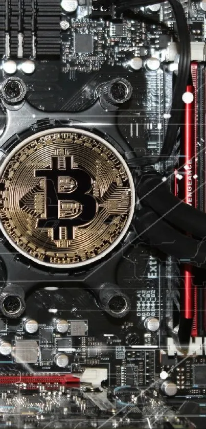 Bitcoin emblem on a detailed electronic circuit board, highlighting tech aesthetics.