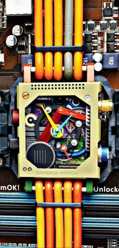 Colorful mechanical circuit art wallpaper for mobile devices.