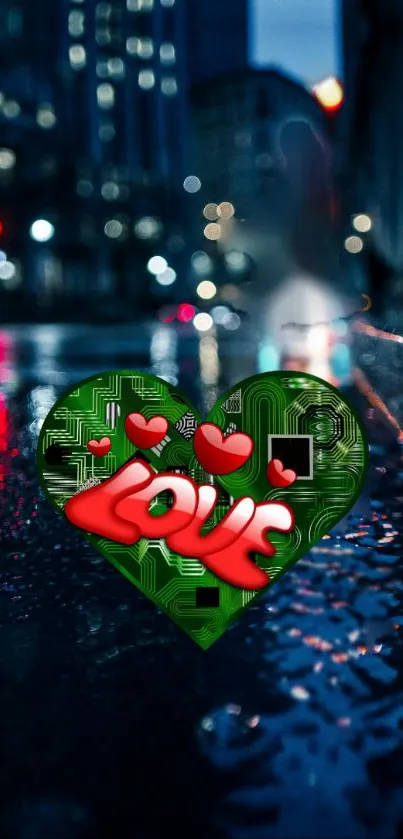 A glowing circuit heart on a rainy city street background.