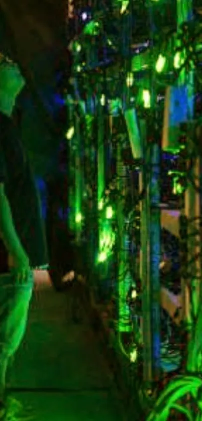 Man in a server room with glowing green lights on racks.