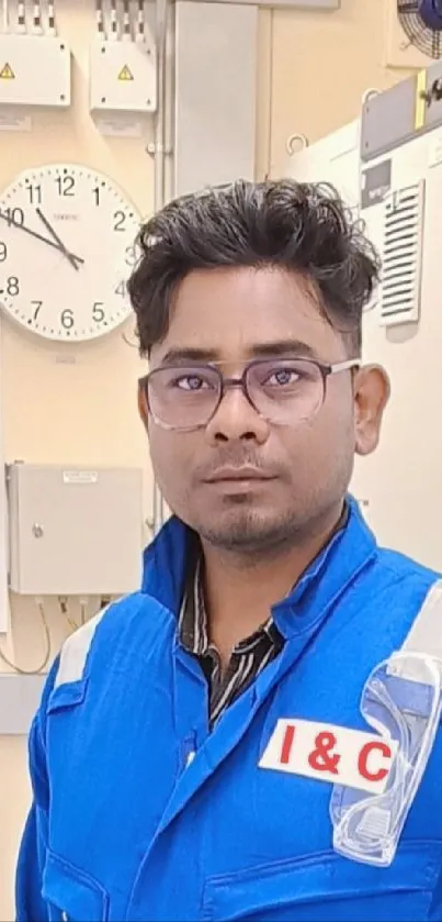 Engineer in blue uniform in a busy control room setting.