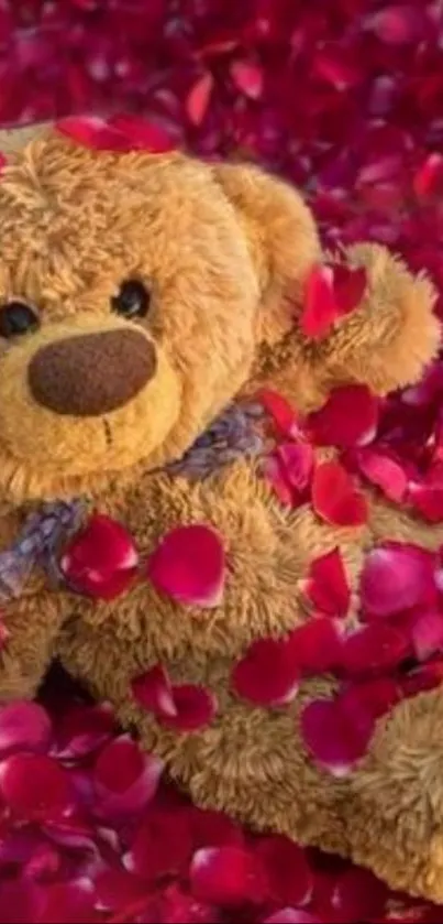 Teddy bear surrounded by vibrant red rose petals in a cozy setting.