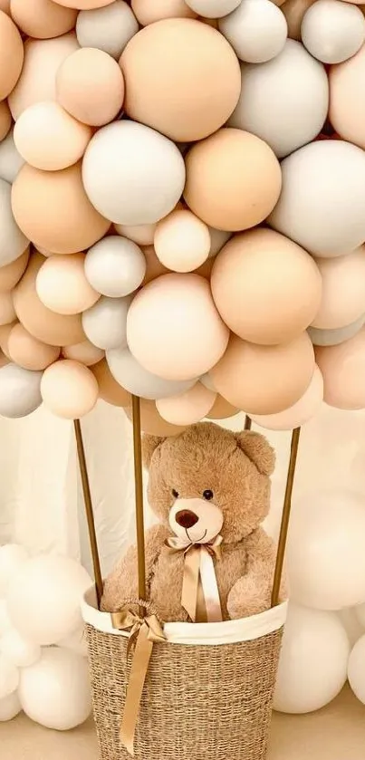 Teddy bear in basket with pastel balloons