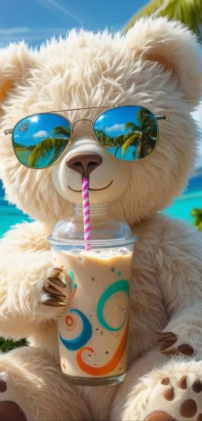 Cute teddy bear with sunglasses on tropical beach sipping a drink.