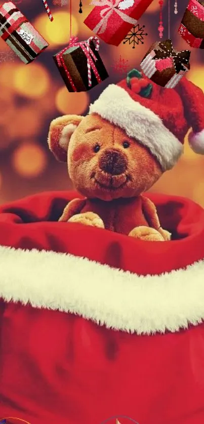 Teddy bear in Santa hat surrounded by Christmas gifts.