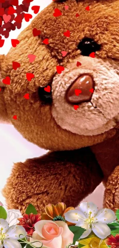 Cute teddy bear with hearts and flowers, perfect for love-themed backgrounds.